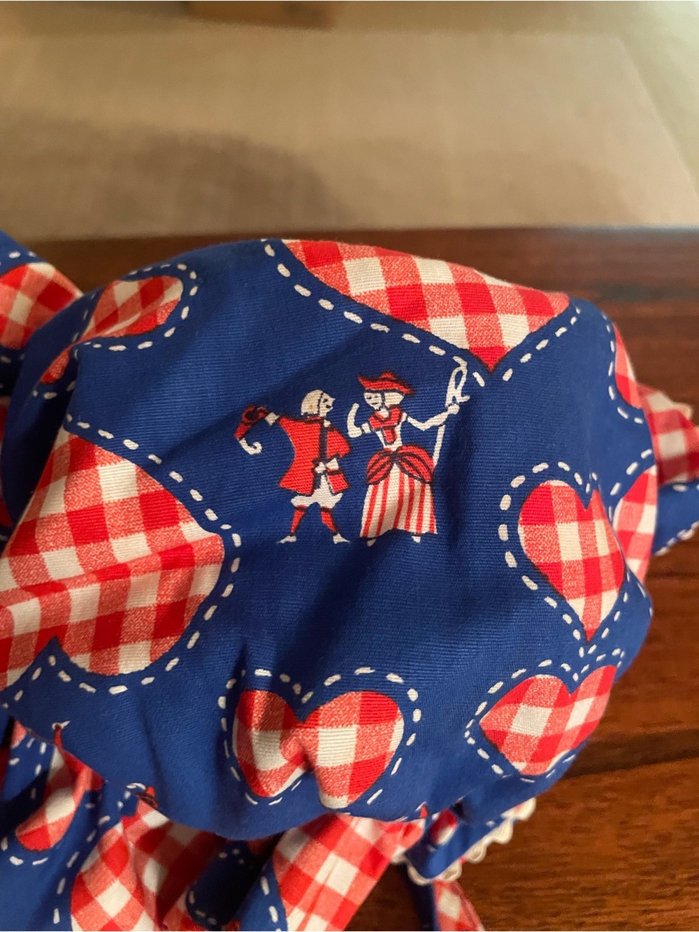 Vintage Blue & Red Gingham Heart baby bonnet